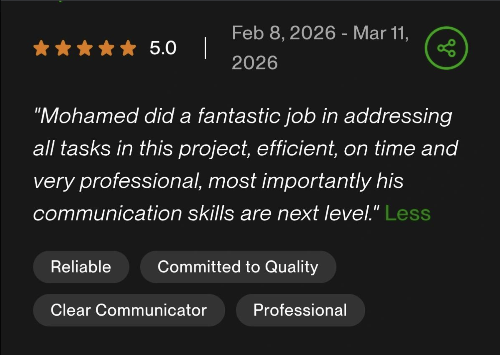 Freelance (Upwork) - Client review for Mohamed Elgohary